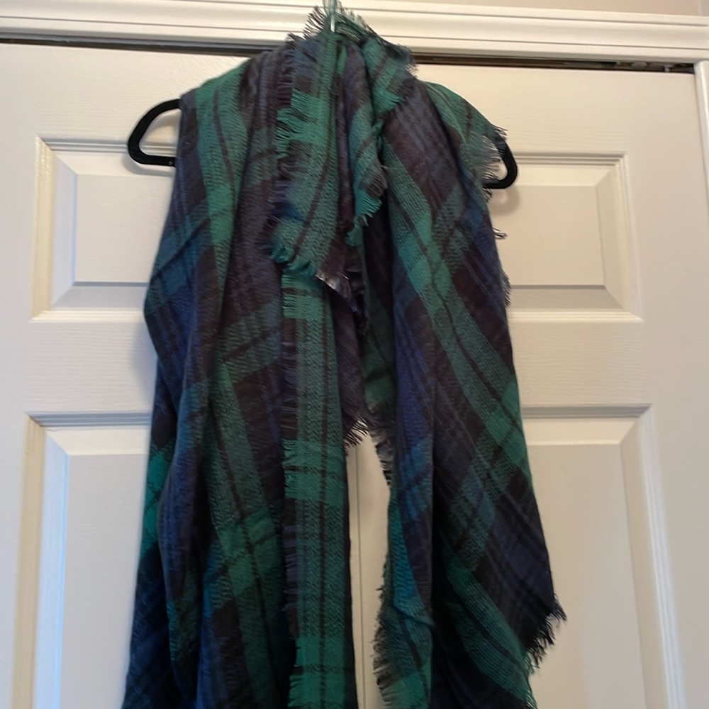 Square Green and Black Plaid Scarf with Fringe on the End